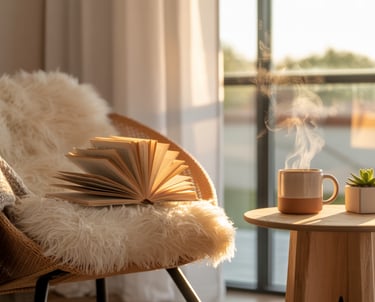 A serene editorial-style photograph of a cozy ADU reading nook bathed in soft golden morning light s
