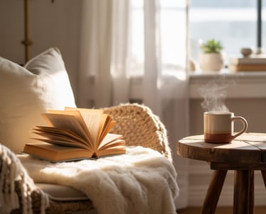 A serene editorial-style photograph of a cozy ADU reading nook bathed in soft golden morning light s