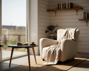 A styled reading nook photographed like a rental listing hero shot, showing visual appeal and person