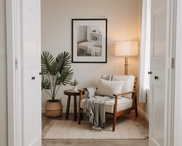 A styled reading nook photographed like a rental listing hero shot, showing visual appeal and person