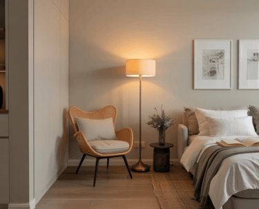 This one bedroom ADU interior features a calm reading nook set along a quiet wall, creating a clear 