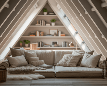 A loft or mezzanine reading nook with low seating, soft textures, and cozy lighting, showing a tucke