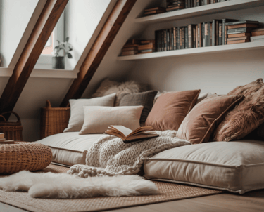 Cozy attic reading nook with floor cushions, pillows, and built-in bookshelves.