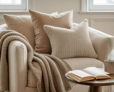 A cozy reading nook highlighting textures and color choices, neutral cushions, soft throw, subtle ru