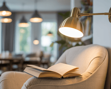 A cozy reading nook highlighting textures and color choices, neutral cushions, soft throw, subtle ru