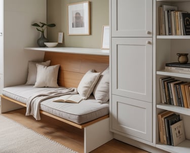 A fold-away reading nook with a wall-mounted bench folded down for use, demonstrating flexibility an