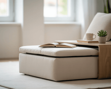 A fold-away reading nook with a wall-mounted bench folded down for use, demonstrating flexibility an