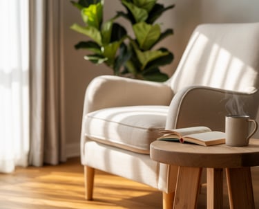 A cozy cottage-style reading nook with layered cushions, warm wood tones, and soft lighting, feeling