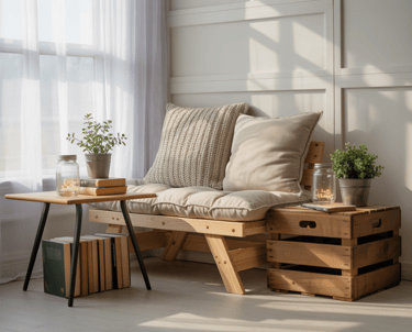 A budget-friendly reading nook created with simple furniture, DIY bench seating, and reused decor, s