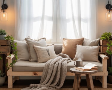 A budget-friendly reading nook created with simple furniture, DIY bench seating, and reused decor, s