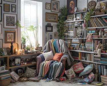 A cluttered reading nook overloaded with decor, shelves, and patterns, showing visual overwhelm comp