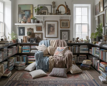A cluttered reading nook overloaded with decor, shelves, and patterns, showing visual overwhelm comp