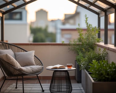 A serene outdoor reading nook on a small balcony with a simple roof structure, a cozy chair.