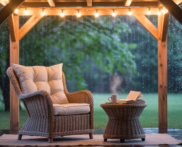 A previously unused outdoor corner now styled as a covered reading nook, visual transformation showi