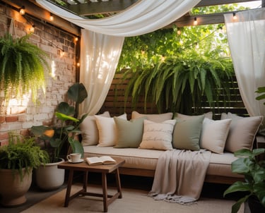 A previously unused outdoor corner now styled as a covered reading nook, visual transformation showi