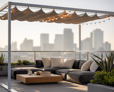 Modern rooftop patio with a white pergola, retractable canopy, string lights, and outdoor sectional sofa.