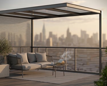 Modern rooftop deck reading nook with lightweight roof structure, open railing, city skyline softly