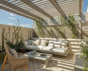 Pergola roof reading nook with slatted wood overhead, sunlight filtering through, climbing plants st