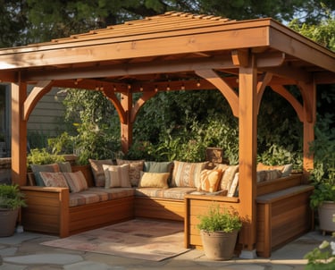 Solid roof outdoor reading nook on a patio, wood or metal roof fully covering seating, strong sense