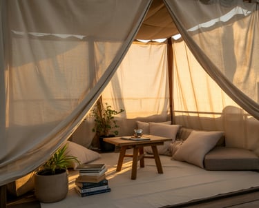 Cozy outdoor wooden cabana with beige curtains, cushions, and a coffee table at sunset.