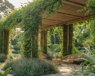 Rustic garden pergola covered in lush green vines with woven patio furniture in a sunny landscape.