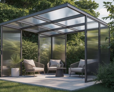 Modern aluminum pergola with polycarbonate roof panels and patio furniture in a lush green backyard garden.