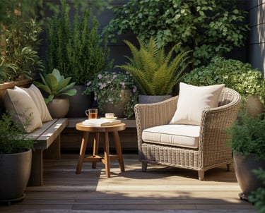Cozy patio design with a wicker armchair, wooden table, and lush potted garden plants.