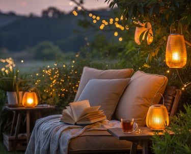 Evening outdoor reading nook scene with soft lantern lighting, warm glow illuminating book and seati