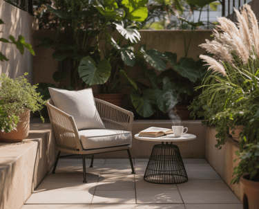 Evening outdoor reading nook scene with soft lantern lighting, warm glow illuminating book and seati