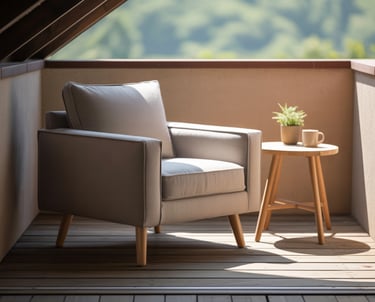 Covered daybed or swing seat reading nook, gentle movement implied, stable roof structure, relaxed a