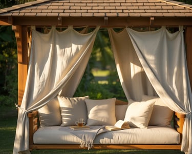 Covered daybed or swing seat reading nook, gentle movement implied, stable roof structure, relaxed a