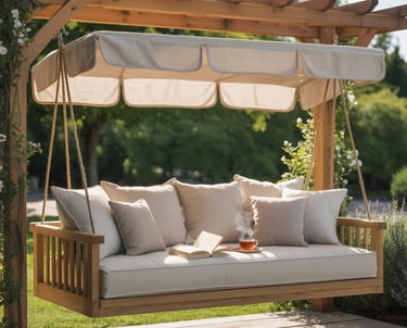 Covered daybed or swing seat reading nook, gentle movement implied, stable roof structure, relaxed a
