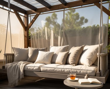 Covered daybed or swing seat reading nook, gentle movement implied, stable roof structure, relaxed a