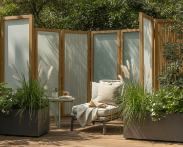 Outdoor reading nook with sheer curtains or bamboo screens, soft privacy without enclosure, calm and
