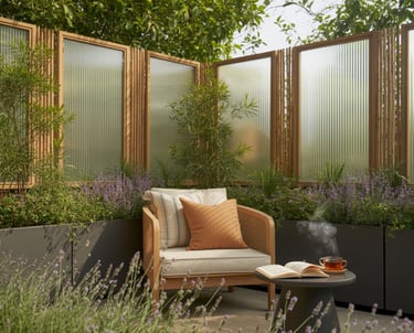 Outdoor reading nook with sheer curtains or bamboo screens, soft privacy without enclosure, calm and