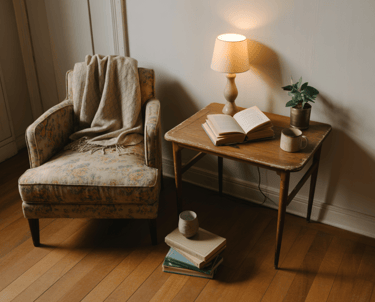 Small reading nook styled with second-hand furniture and minimal accessories, proof that comfort doe