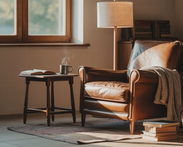 Small reading nook styled with second-hand furniture and minimal accessories, proof that comfort doe