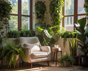 Neutral-toned outdoor reading nook with soft cushions and subtle accent colors, calm and balanced co
