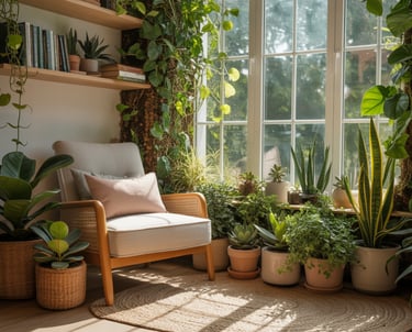 Neutral-toned outdoor reading nook with soft cushions and subtle accent colors, calm and balanced co