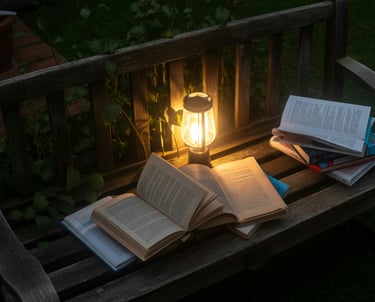 Poorly lit outdoor reading nook at night, dim lighting making reading difficult, shown as a subtle w