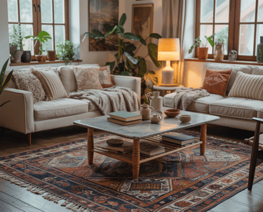 Wide angle view of a cozy bohemian living room showing mixed furniture styles, vintage rug layered o