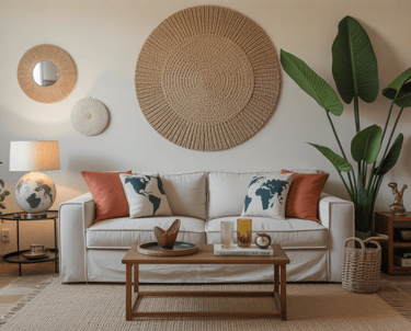 Living room scene contrasting mismatched decor pieces working together through color and texture, gl