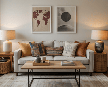 Living room scene contrasting mismatched decor pieces working together through color and texture, gl