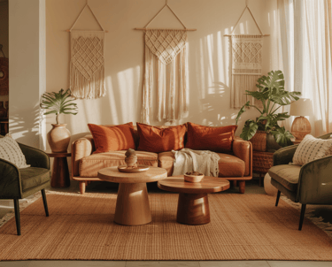 Scene showing jewel tone accents layered into an earthy base, deep teal pillow, mustard throw, neutr