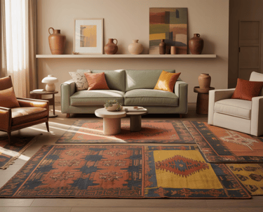 Scene showing jewel tone accents layered into an earthy base, deep teal pillow, mustard throw, neutr