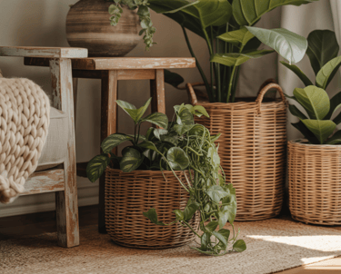 Living room corner where baskets, plants, wood, and soft textiles interact naturally, no glossy fini
