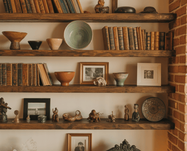 Bohemian living room shelves displaying travel souvenirs, old books, handmade ceramics, framed photo
