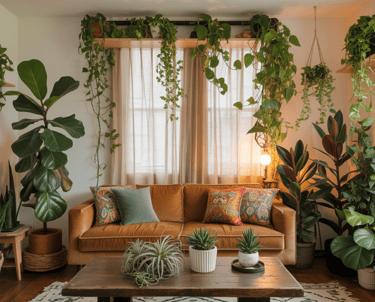 Balanced plant placement throughout a bohemian living room, mix of large and small plants, greenery 