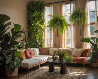 Balanced plant placement throughout a bohemian living room, mix of large and small plants, greenery 