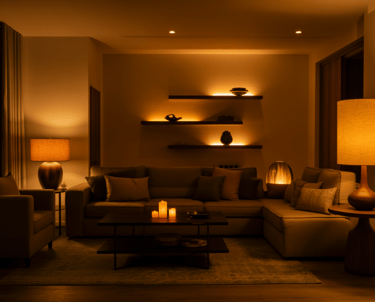 Living room showing layered lighting sources placed around seating, warm tones enhancing comfort.